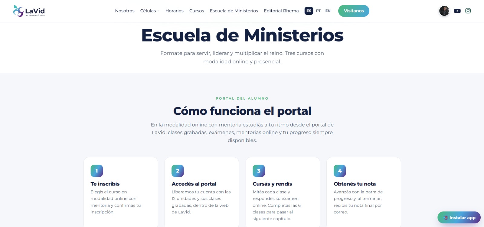 LaVid Escuela de Ministerios — portal del alumno LMS con clases y exámenes online