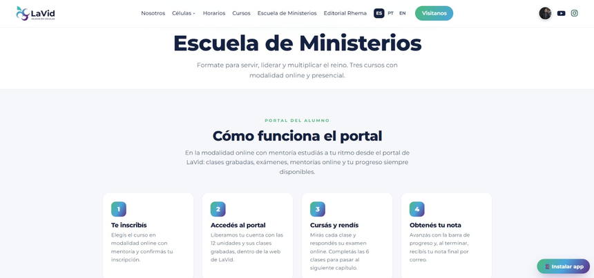 LaVid Escuela de Ministerios — portal del alumno LMS con clases y exámenes online